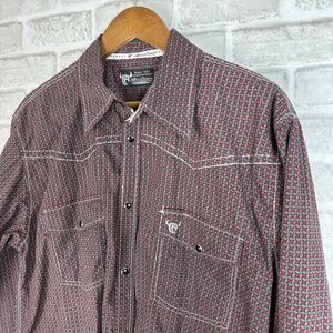 Cowboy Hardware Red & Black Geometric Print Double Pocket Pearl Snap Shirt LARGE